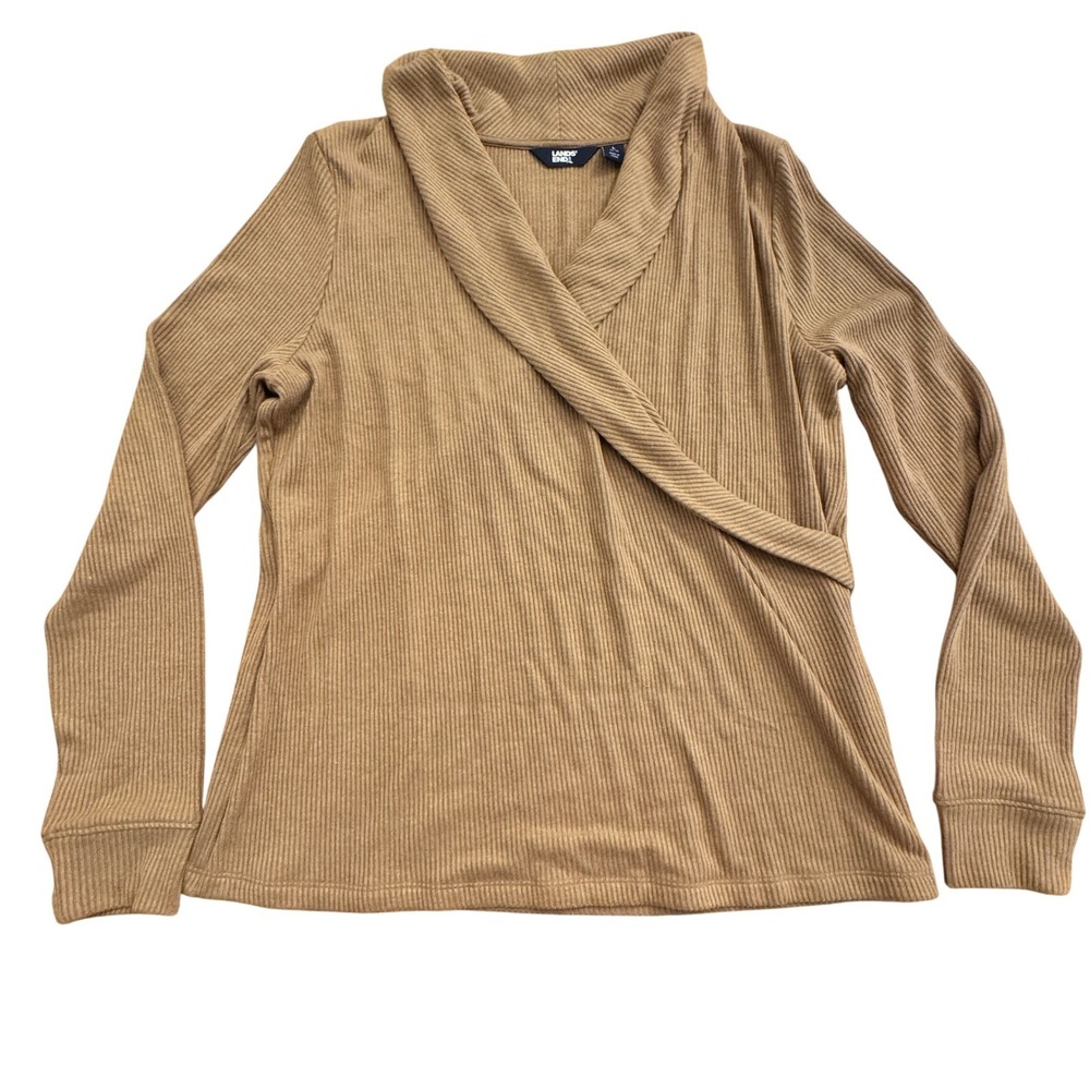 Lands End Ribbed Wrap Top Women Large Tan Stretch Minimalist Casual